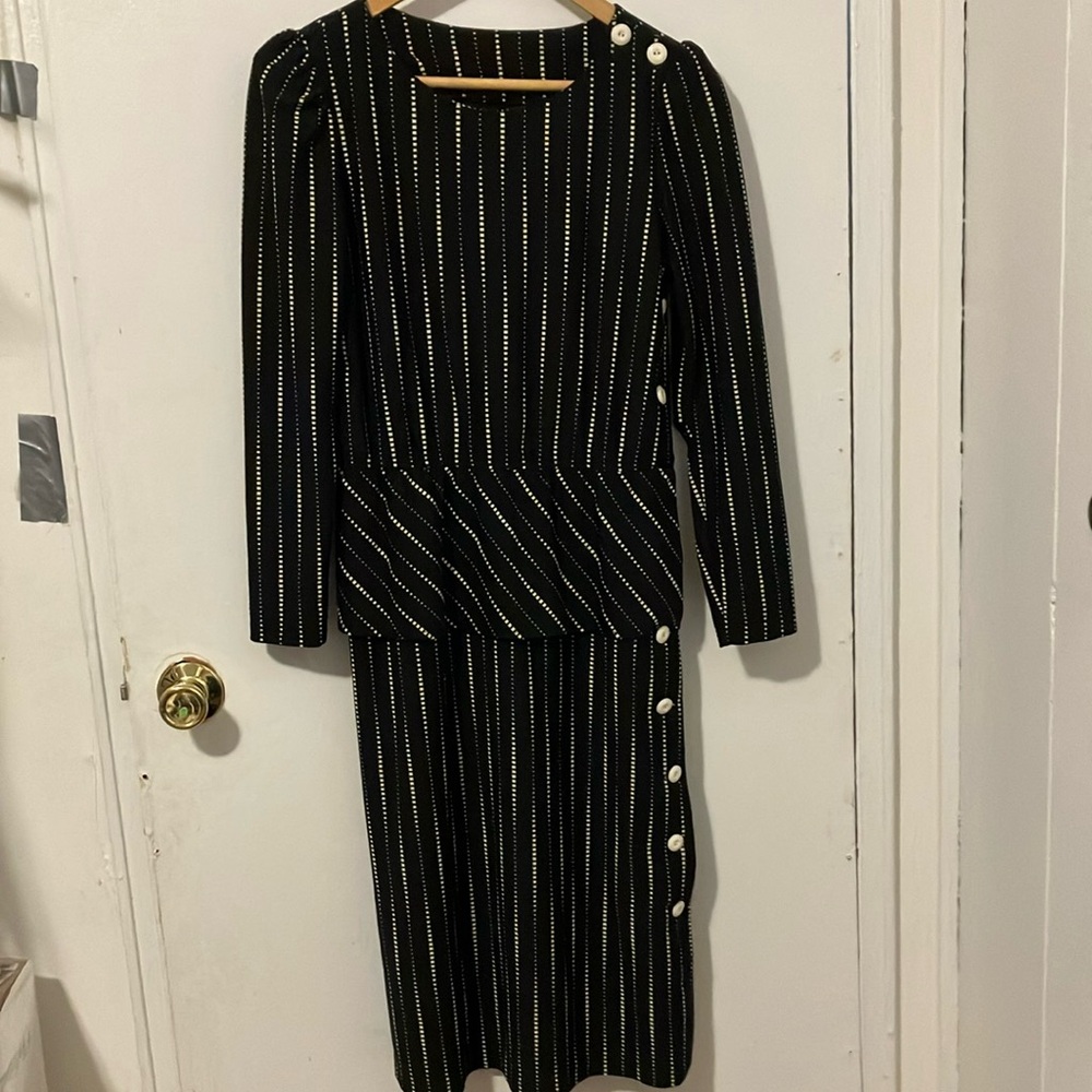 Vintage 80’s (40’s style) Black Striped Dress with Button Accents